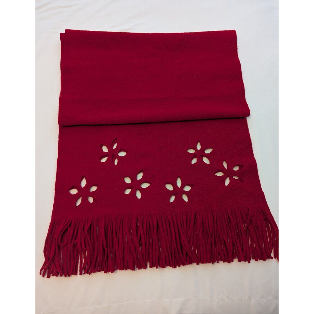 Vintage Susan Bristol Wool Wrap Scarf Red Cut Out Flowers 79"x23" w/6" Tassels